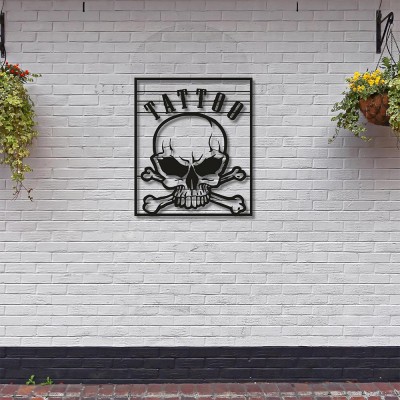 Kafatası ve Dövme Temalı Metal Duvar Dekoru – Dövme Duvar Sanatı, Dövme Sanatçısına Hediye, Stüdyo Dekoru, Dövme Dükkanı Tabelası